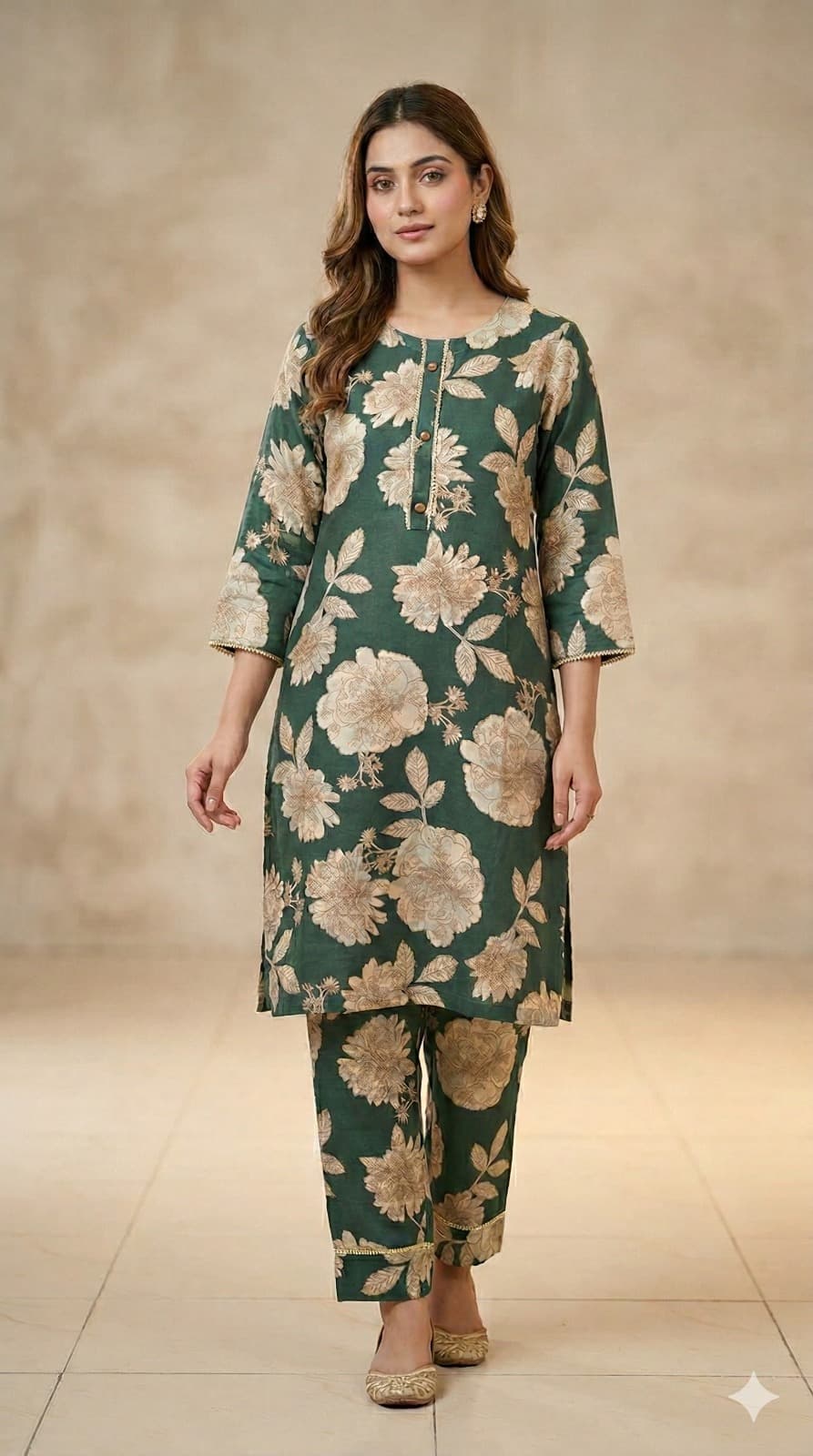Women’s Green floral cotton printed kurta set | Round Neck collar | 3/4 Sleeve | Elegant florar co-ord set