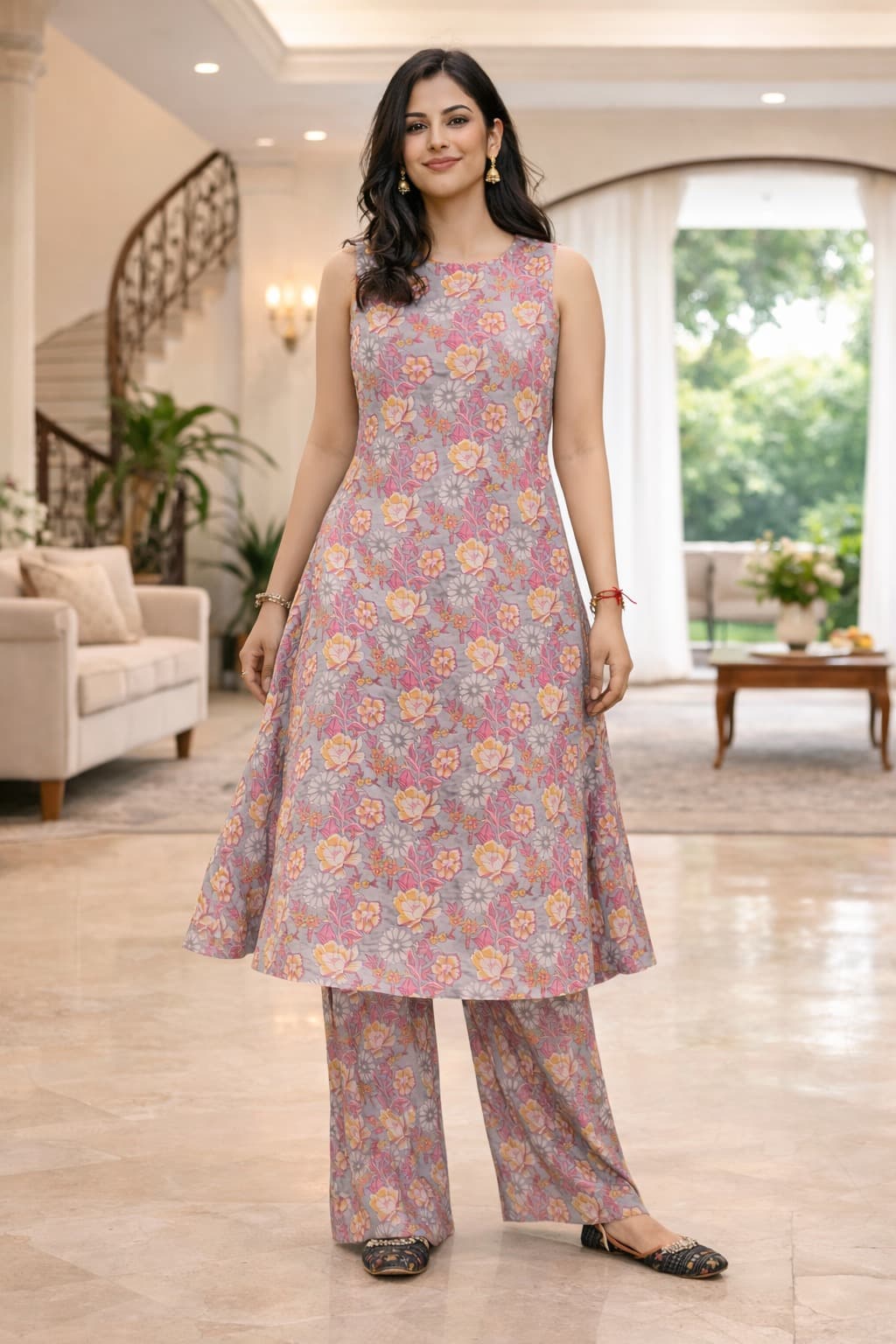 Darshan Style Hub Women Grey Pink Floral Printed A-Line Kurta Set with Straight Palazzo | Round Neck Sleeveless Ethnic Set