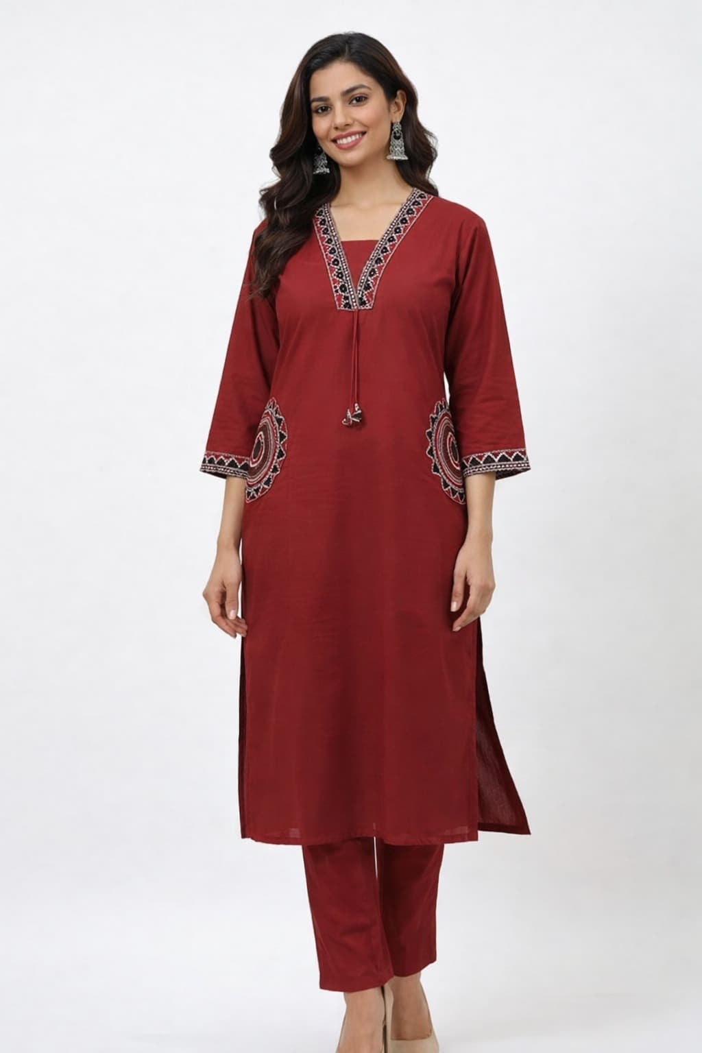 Darshan Style Hub Women’s Geometric Embroidered Kurta Set | Elegant V-Neck with Decorative Detailing | 3/4 Sleeve | Comfortable Elasticated Straight Pants | Ethnic Wear for Women