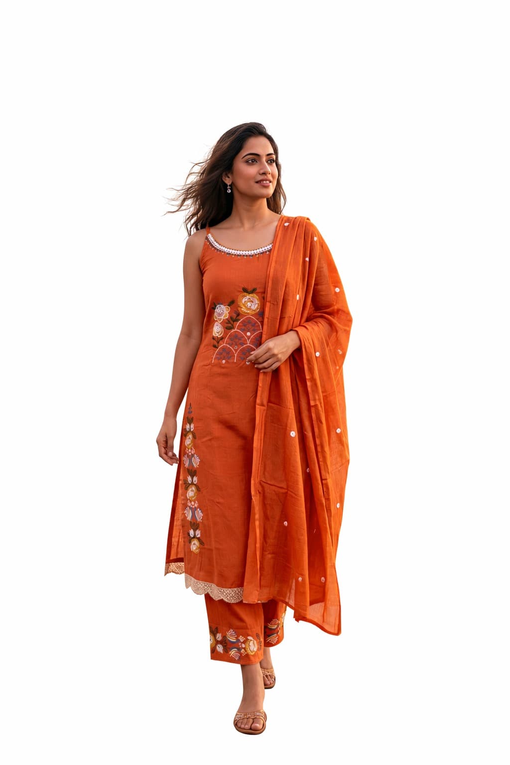 Darshan Style Hub Women’s Orange Embroidered Cotton Kurta Set | Round Neck with Tie-Up Tassels | Sleeveless | Straight Pants | Ethnic Wear