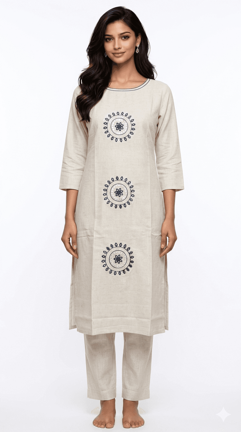 Women’s Off White Cotton Kurta Set with Pant | Embroidered Ethnic Kurti | Boat Neck | 3/4 Sleeve | Straight Elasticated Pant | Office Wear Kurta Set