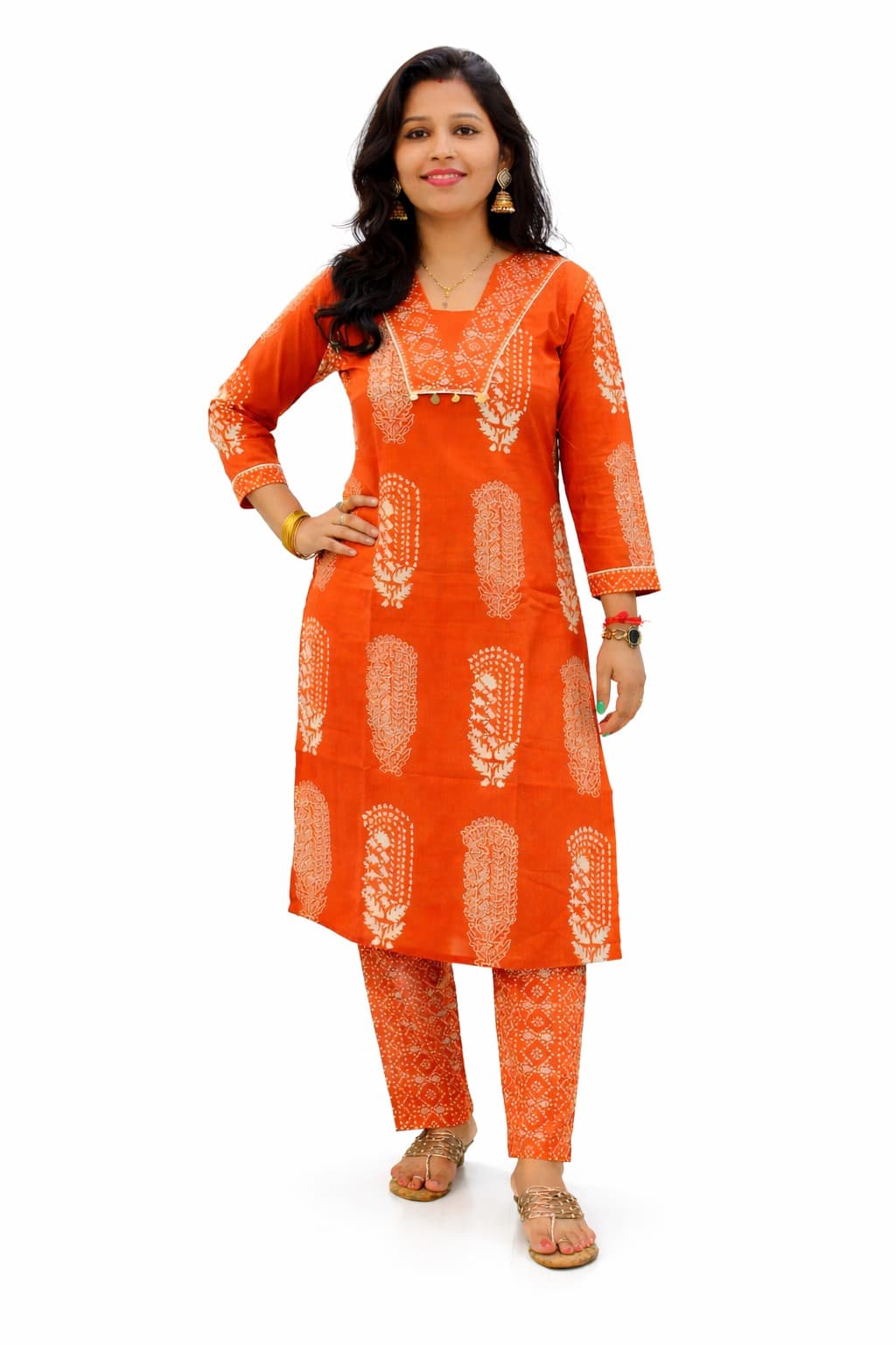 Women’s Rust orange floral motifs cotton printed kurta pant set | v neck detalling with tussels | 3/4 Sleeve | comfortble regular stright fit shillouttle