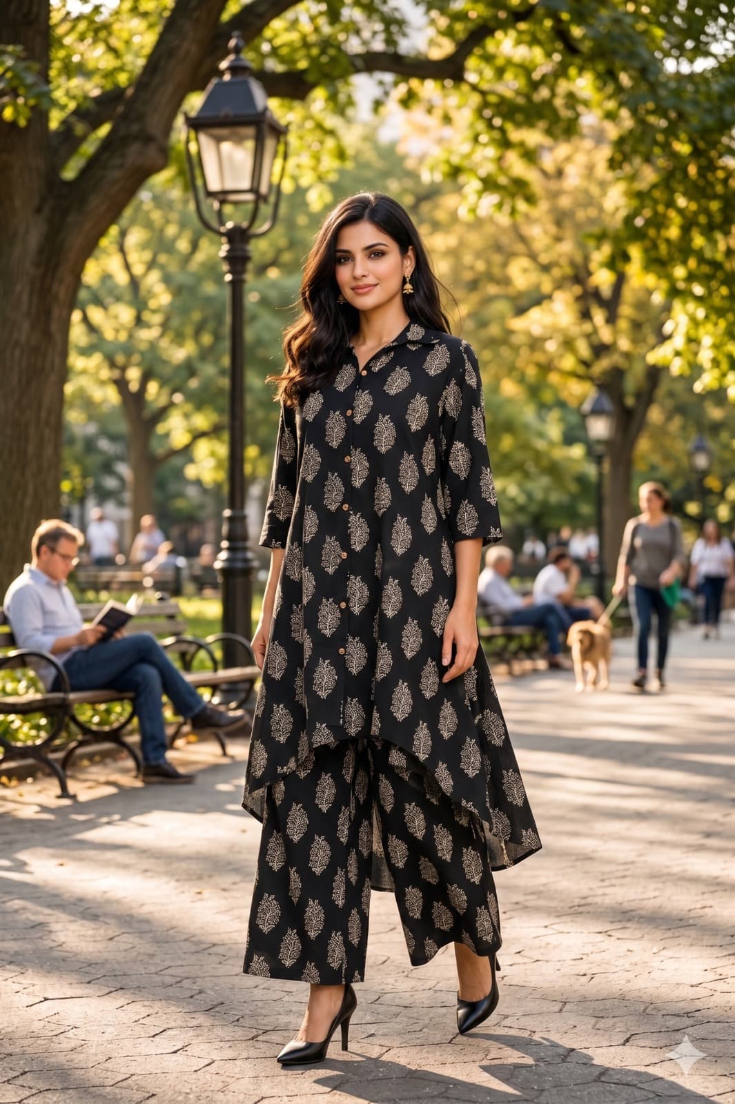 Darshan Style Hub Women Cotton Black High Low Kurta Palazzo Set | Shirt Collar Neckline with Button Detailing | 3/4 Sleeves | Printed Kurta & Palazzo Set