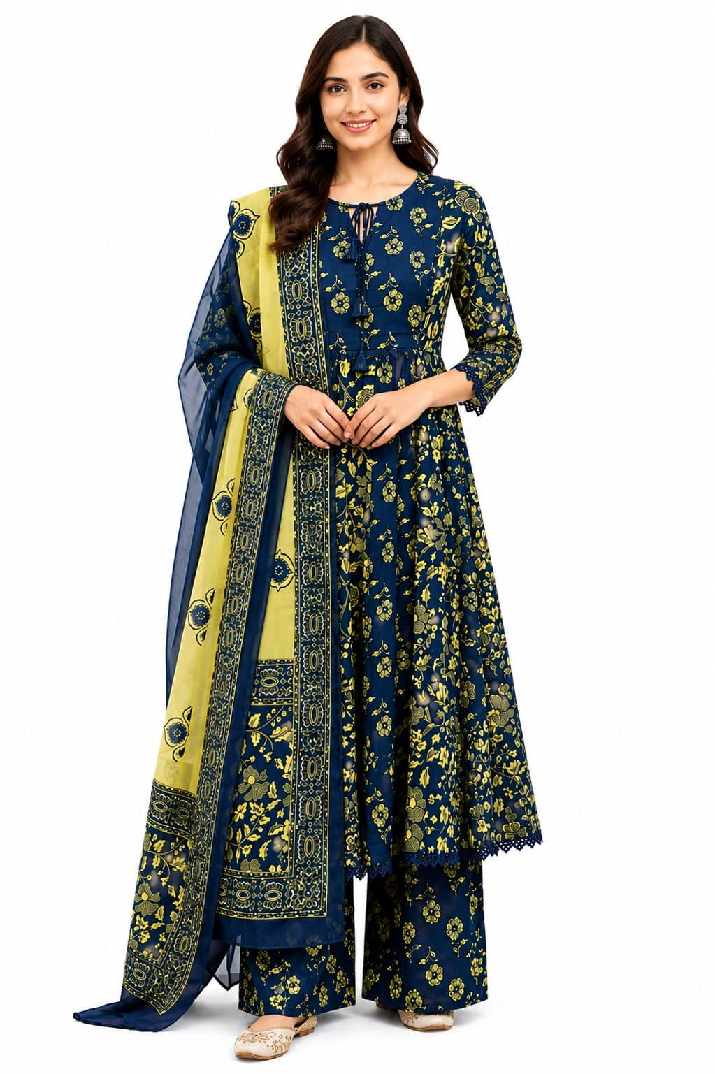 Darshan Style Hub Women’s Cotton Navy Blue Floral Anarkali Kurta Pant with Dupatta Set | Round Neck with Dori Tassels | Ethnic Printed Suit Set