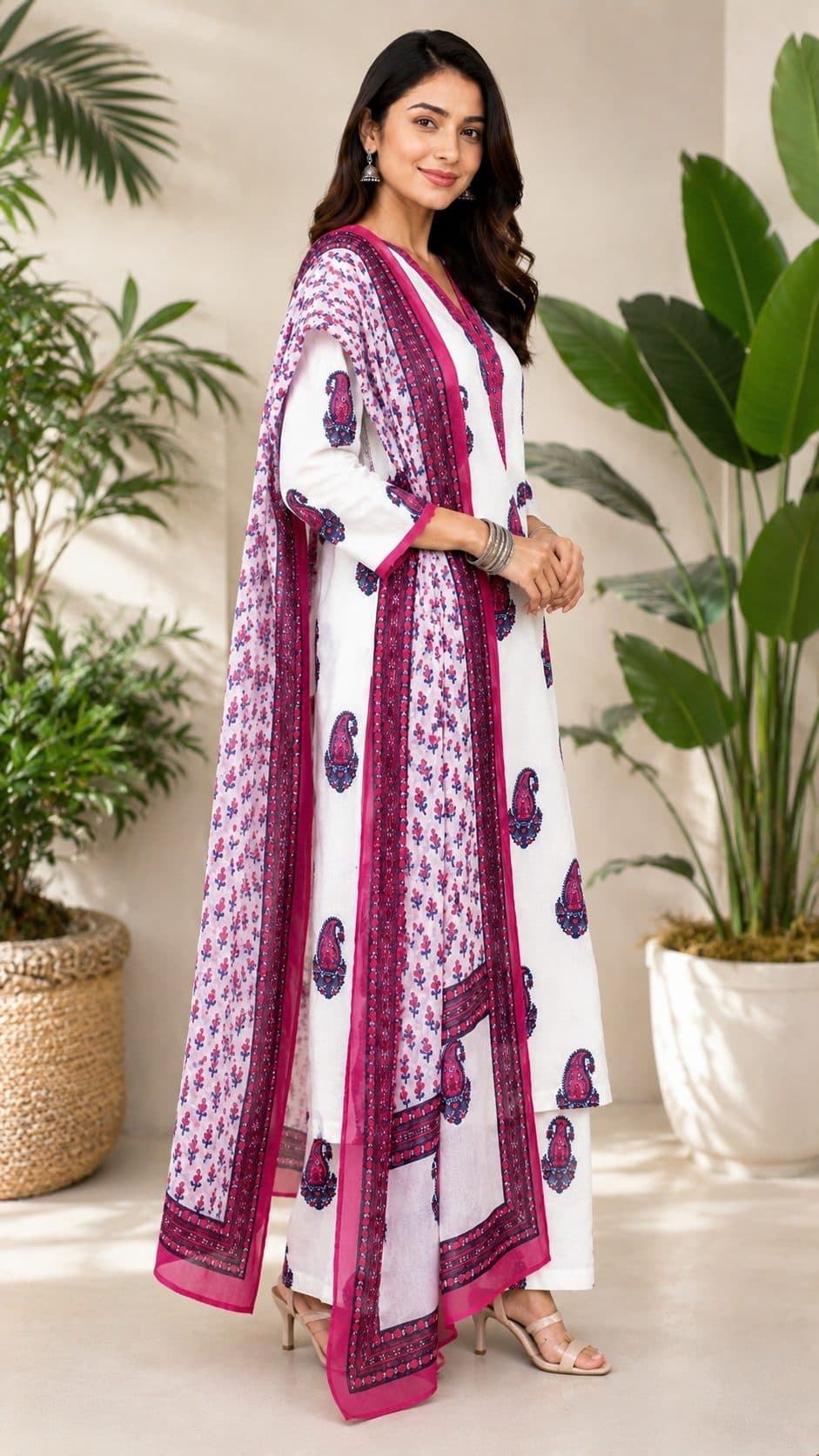Darshan Style Hub Women’s White Paisley Printed Straight Kurta Set with Pants | V-Neck 3/4 Sleeve Cotton Ethnic Wear for Women