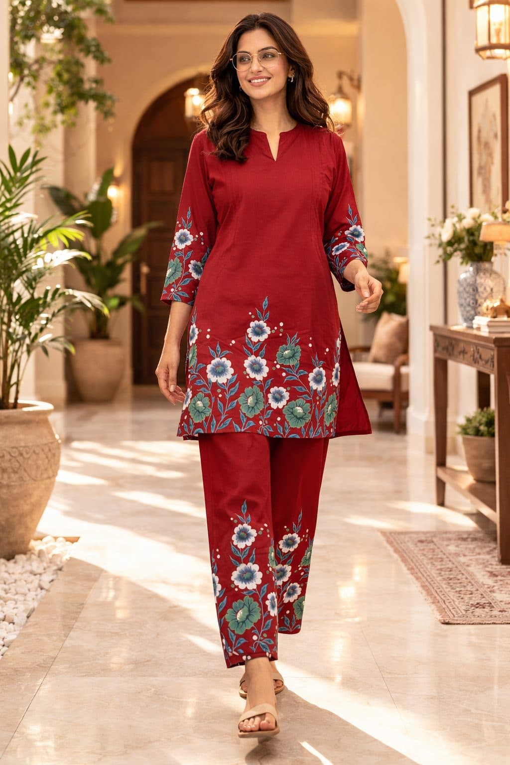 Women’s Rust coral floral cotton printed kurta pant set | Mandarin band collar with front slit neckline | 3/4 Sleeve with floral placment print | comfortble regular fit shillouttle