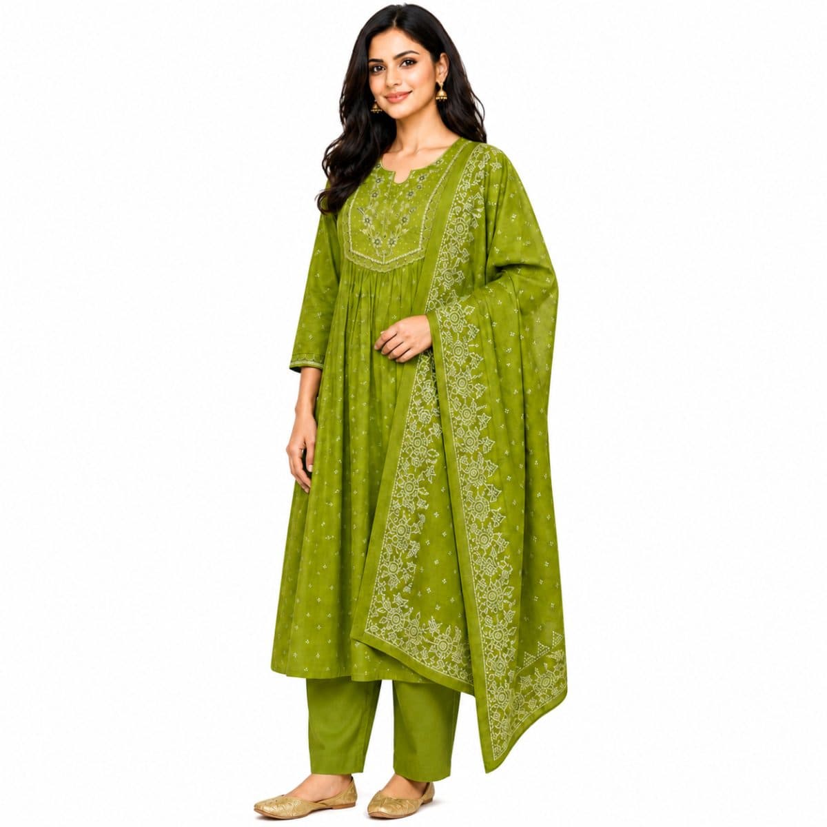 Embroidered Neck kurta | Round Neck | 3/4 Sleeve & Comfortable elasticated Pant with Dupta