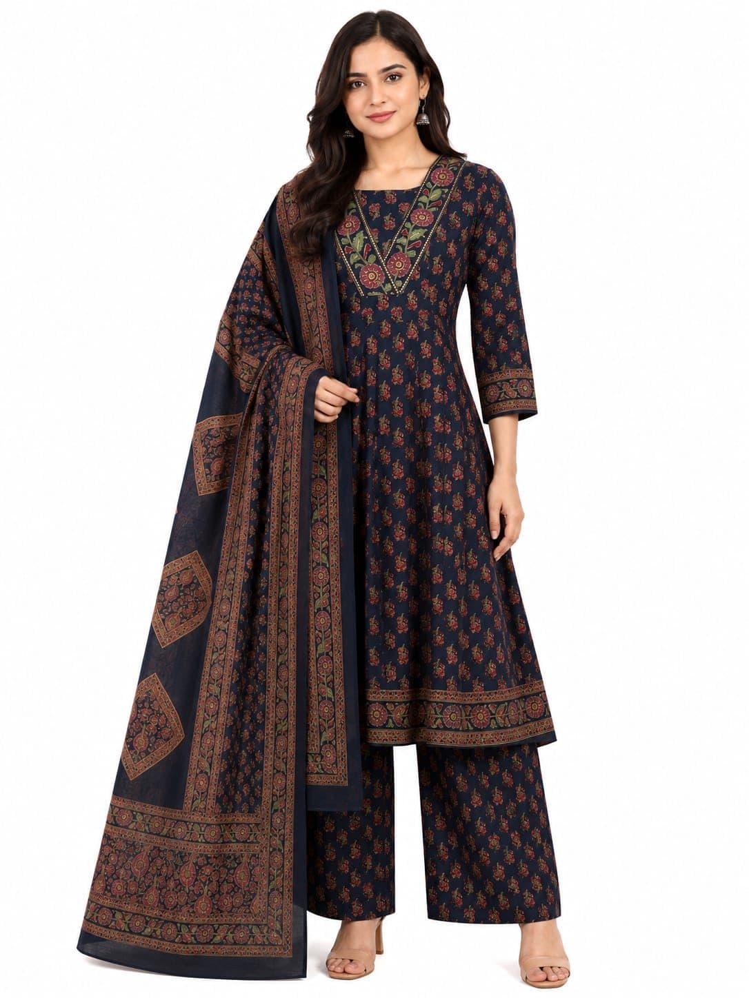 Darshan Style Hub Women's Navy Blue Floral Printed Kurta Palazzo Set with Dupatta | V-Neck | 3/4 Sleeves | Ethnic Wear