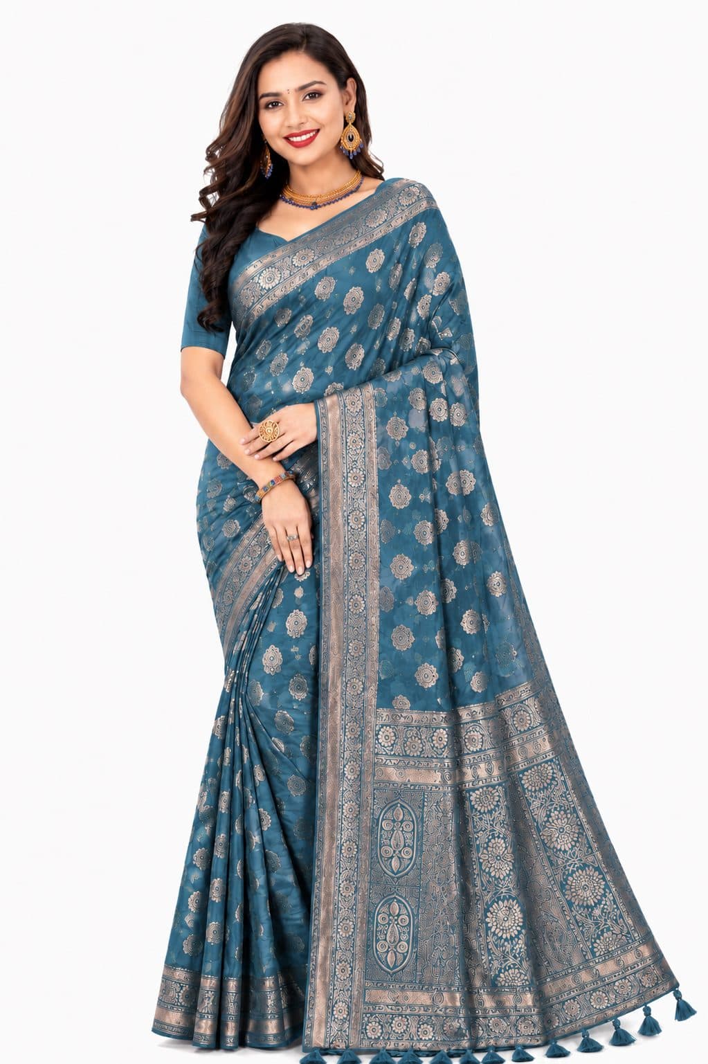 Darshan Style Hub - Teal Blue Banarasi Silk Saree with Silver Zari Buti Work | Premium Wedding Collection