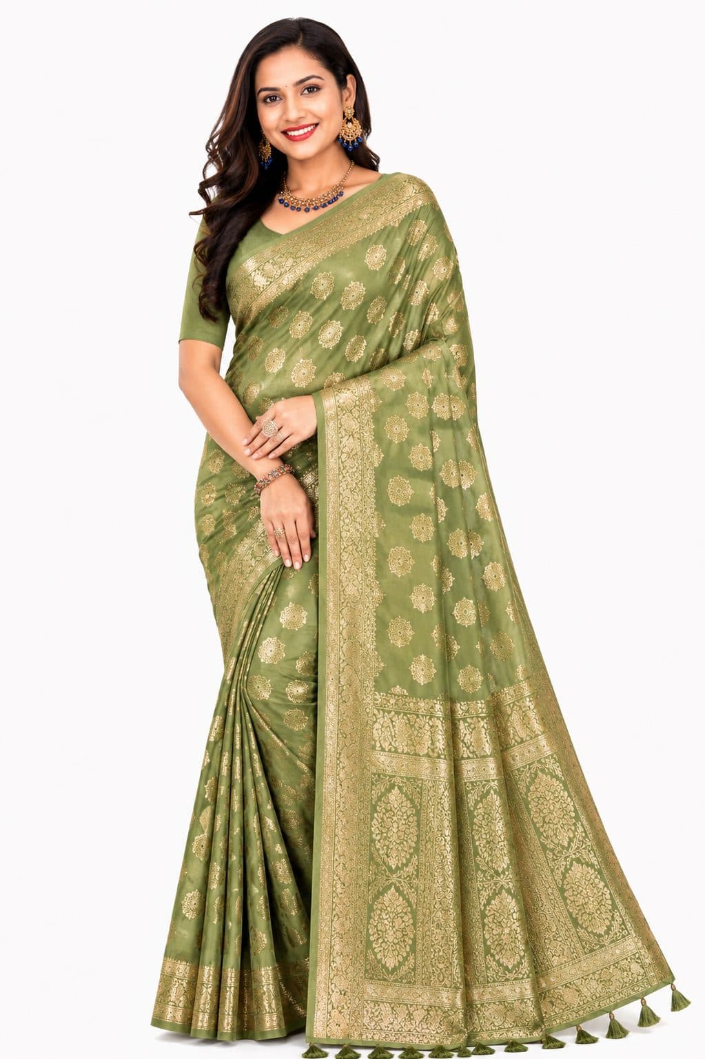 Darshan Style Hub - Olive Green Banarasi Silk Saree with Golden Zari Buti Work | Festive Collection