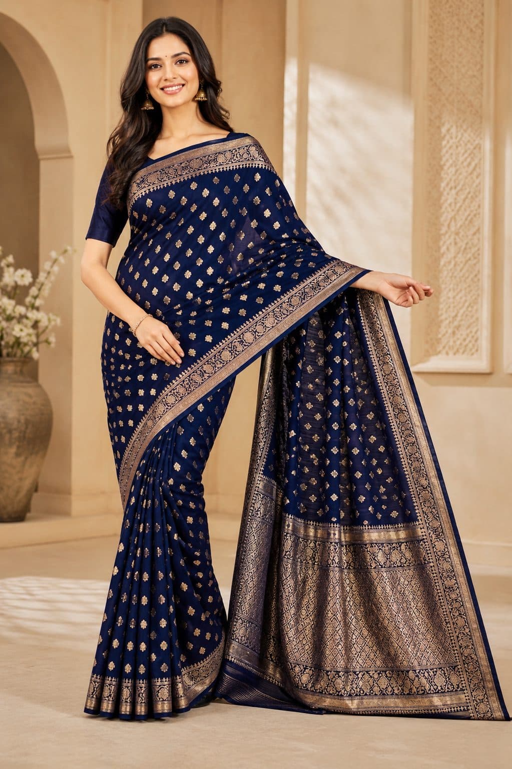 Darshan Style Hub - Navy Blue Banarasi Silk Saree with Golden Zari Buti Work | Premium Bridal Collection