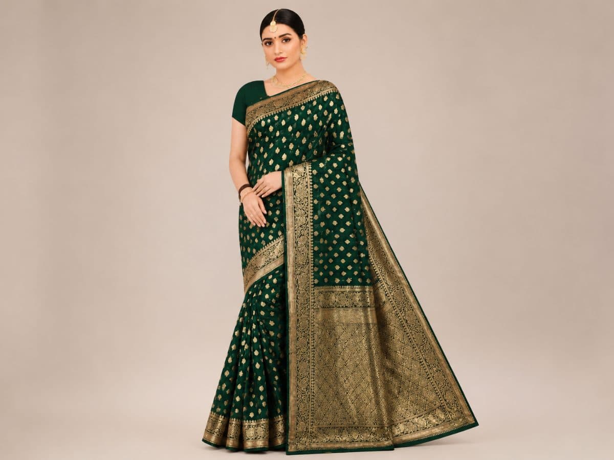 Darshan Style Hub - Forest Green Banarasi Silk Saree with Golden Zari Buti Work | Heritage Emerald Collection