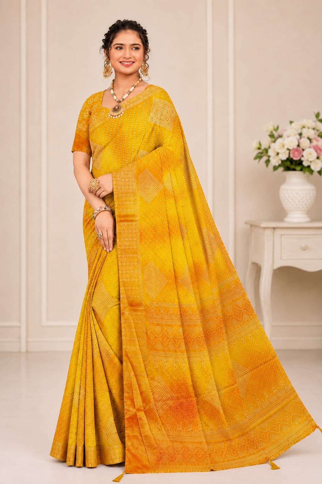 Darshan Style Hub Women's Mustard Yellow Moss Embroidery Saree with Siroski Work | Designer Border | Unstitched Blouse Piece