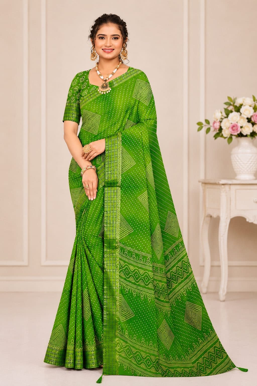 Darshan Style Hub Women's Parrot Green Moss Embroidery Saree with Siroski Work | Designer Border | Unstitched Blouse Piece