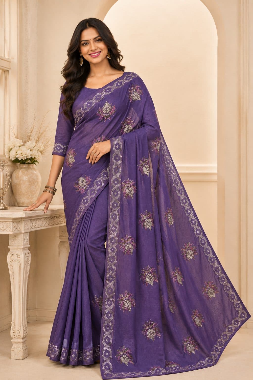 Darshan Style Hub Women's Purple Designer Saree with Elegant Leaf Motifs
