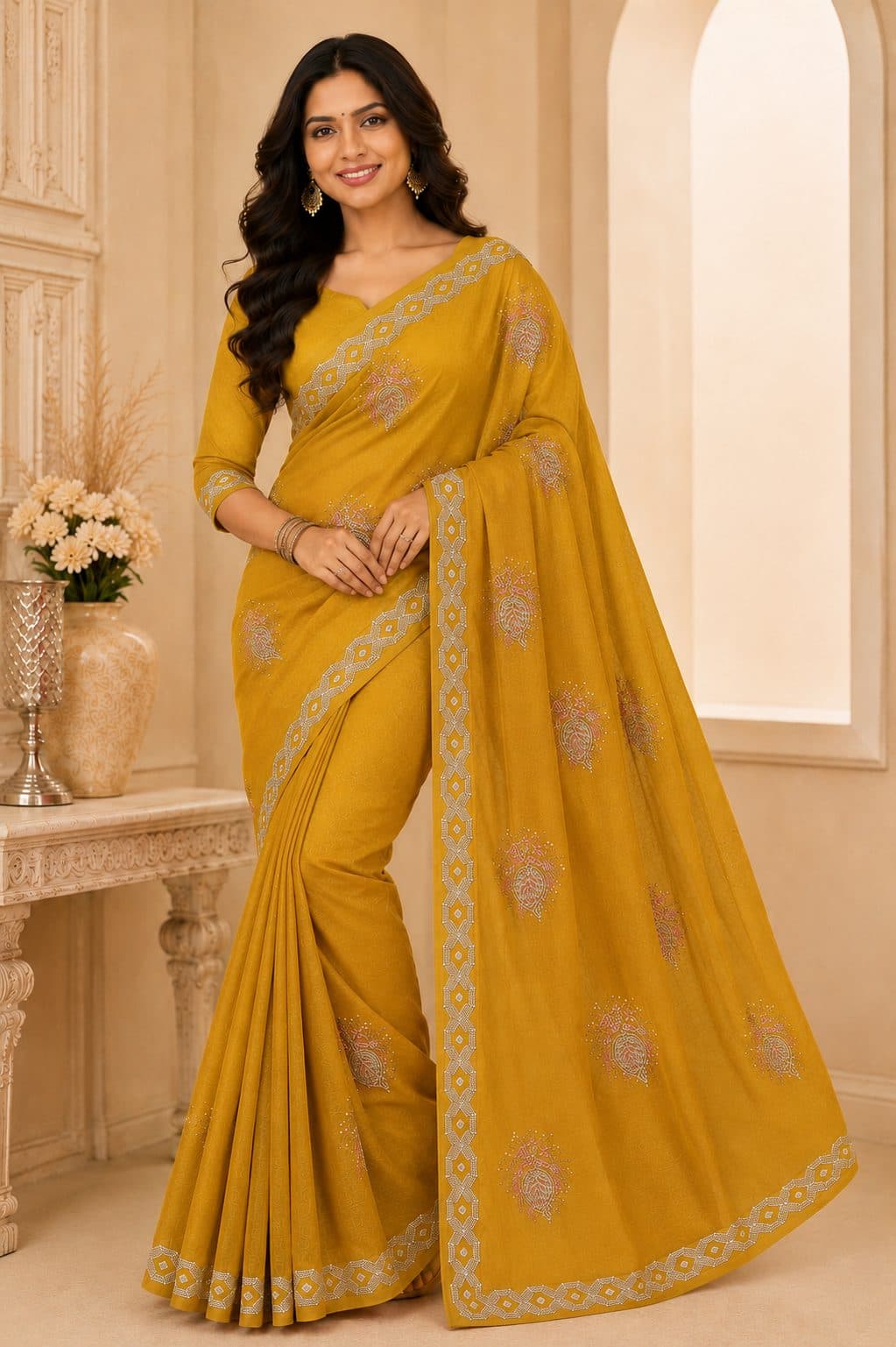 Darshan Style Hub Women's Mustard Yellow Designer Saree with Elegant Leaf Motifs