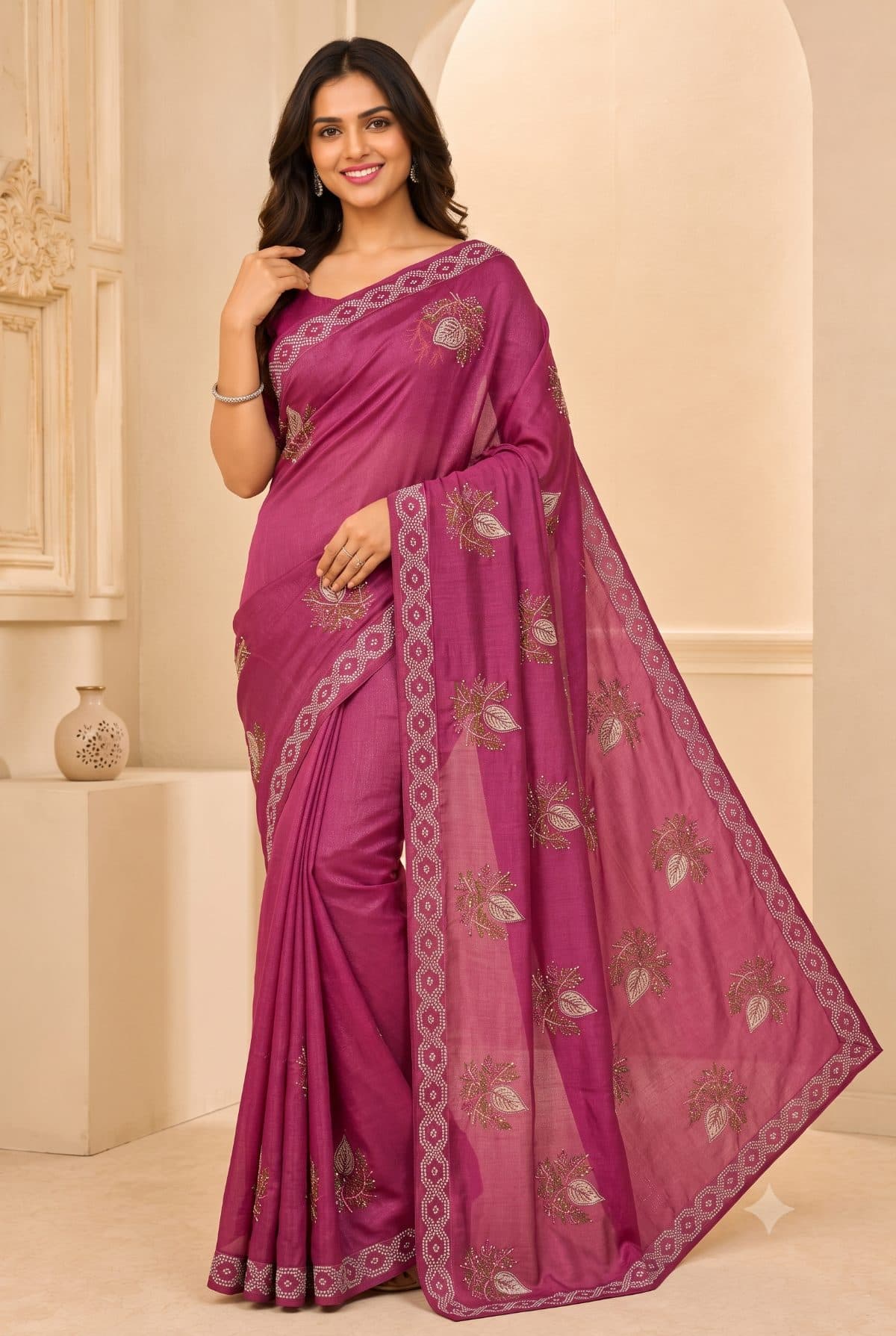 Darshan Style Hub Women's Rose Pink Designer Saree with Elegant Leaf Motifs