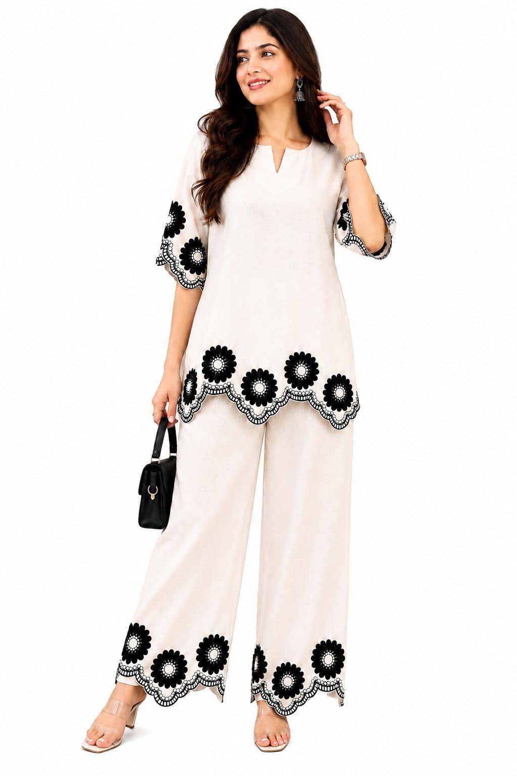 Darshan Style Hub Women's Off White Embroidered Co-Ord Set | V-Neck Kurta & Palazzo Set | Half Sleeves | Floral Embroidery | Casual, Ethnic & Festive Wear