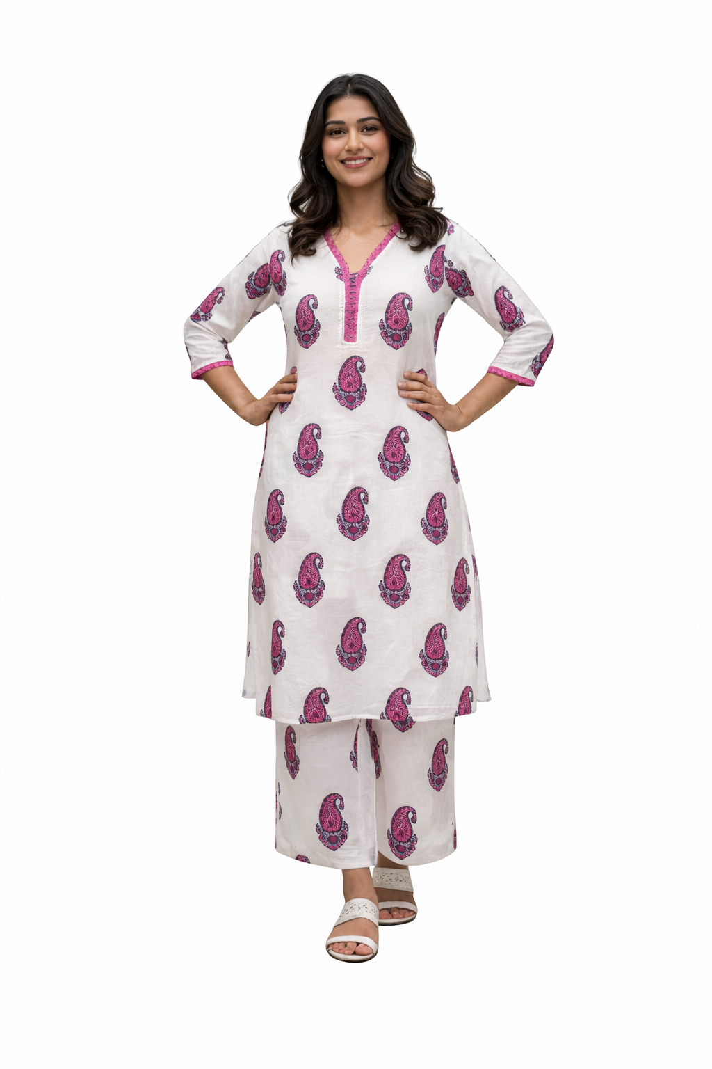 Darshan Style Hub Women’s White Paisley Printed Straight Kurta Set with Pants | V-Neck 3/4 Sleeve Cotton Ethnic Wear for Women