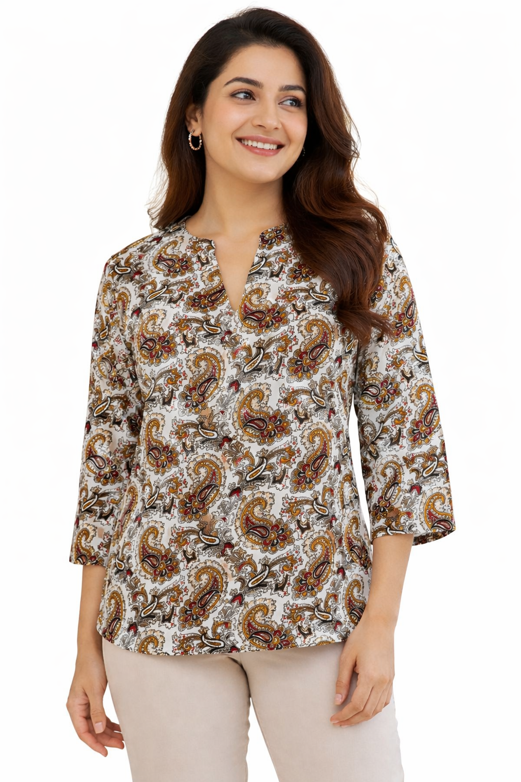 Darshan Style Hub Women Paisley Printed Top | Notch V-Neck | 3/4th Sleeve Casual Ethnic Wear